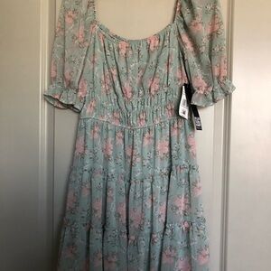 Trixxi Pink and Green Smocked Sundress with Puff Sleeves